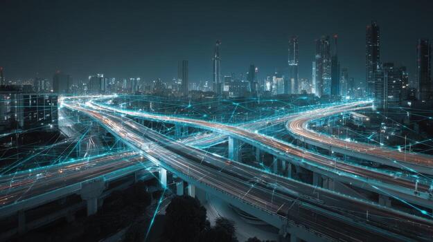 Futuristic Cityscape with Highway Overpass and Data Network Visualization at Night, Representing Connectivity and Innovation photo