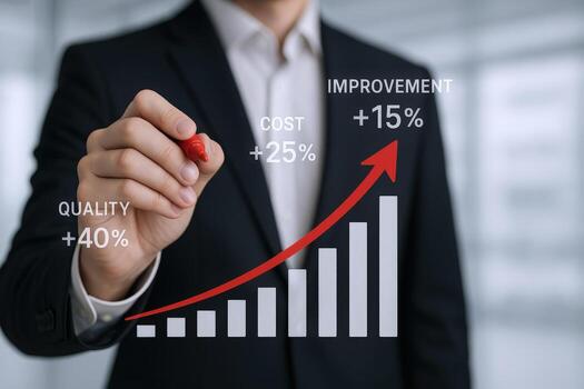 Business Growth Concept Man Drawing Graph with Red Arrow Showing Improvement in Quality, Cost and Value photo