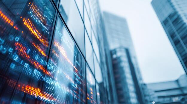 Modern City Building Reflection with Abstract Data Visualization Displayed on Glass Facade in Metropolitan Downtown photo