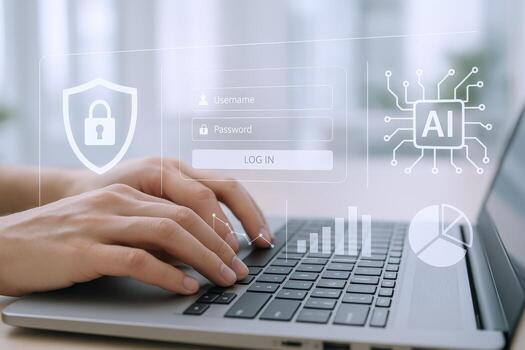 Data Security Hands Typing on Laptop with Cybersecurity Interface, AI Integration for Protection photo
