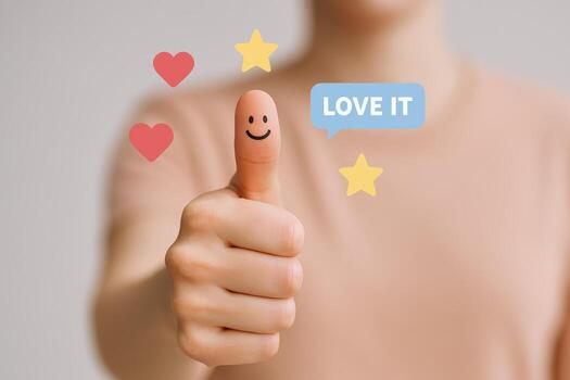 Hand Showing Thumb Up with Positive Feedback, Hearts, and Stars Emphasizing Agreement and Satisfaction photo