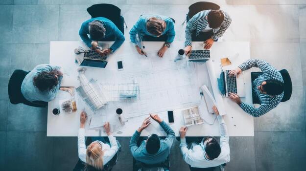 Diverse team collaboration around a table in office, top down view, architectural project photo