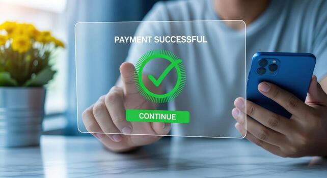 Successful Mobile Payment Confirmation with Digital Interface and User Holding Smartphone, Modern Finance Technology photo