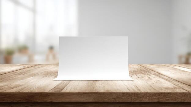 Blank Table Tent Mockup on Wooden Surface, Ideal for Menu, Promotion, or Advertisement Display photo