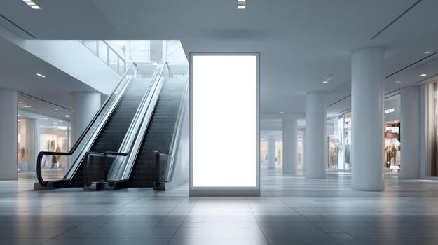 Blank Advertisement Billboard Mockup in Modern Shopping Mall with Escalator and Clean Architecture photo