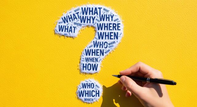 Conceptual Question Mark Composed of Interrogative Words with Hand Holding Pen on Bright Yellow Background photo