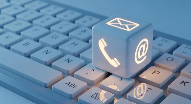 Contact Methods Cube on Keyboard Email, Phone, and Address Symbols for Communication Channels photo