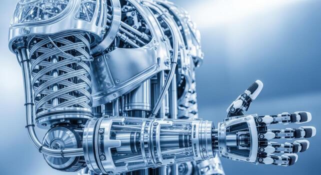 Advanced Robotic Body Structure Demonstrating Complex Engineering and Artificial Intelligence in Metallic Blue Tones photo