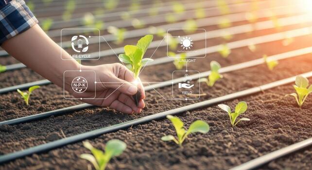 Precision Agriculture Farmer Monitoring Plant Growth with Advanced Technology in Field for Optimal Yield photo