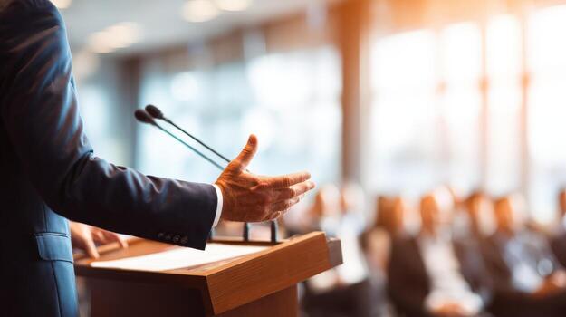 Conference Speaker Addressing Audience with Hand Gestures and Microphones on Podium at Business Event photo