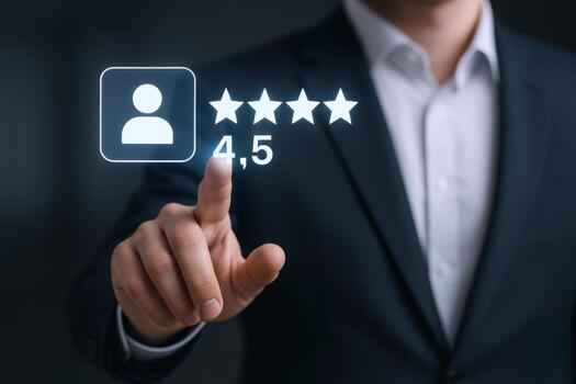 Customer Feedback Interface Man Interacting with Online Review System Highlighting Positive Rating and User Profile photo