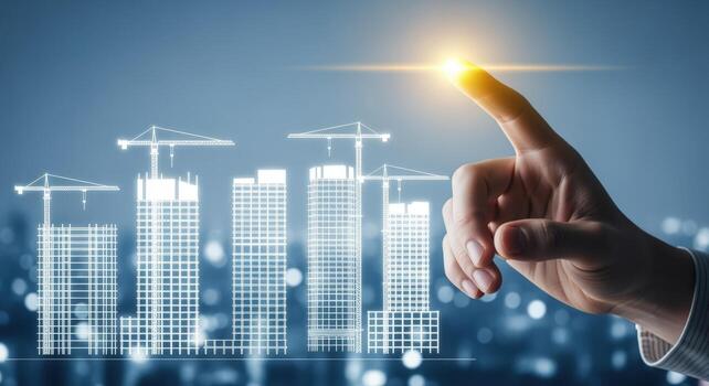 Real Estate Development Concept Hand Pointing to Growth Chart of Building Construction Progress on Cityscape Background photo