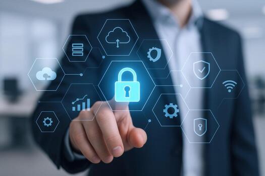 datos seguridad concepto empresario toques candado icono en virtual pantalla, ilustrando digital proteccion soluciones foto