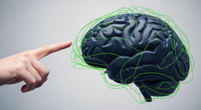 Human Finger Touching a Brain Model Surrounded by Green Lines, Representing Creativity and Mental Health photo