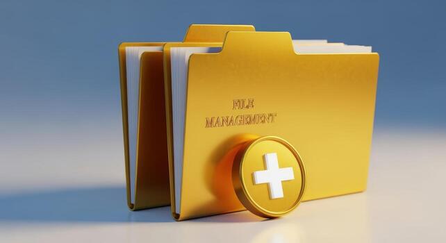 Golden File Folders with Plus Symbol New Data, Project Management, and Document Organization Concept photo