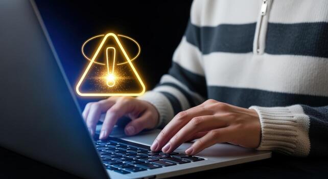 Man Typing on Laptop with Cyber Security Warning, Alert and Caution Sign Illustration photo