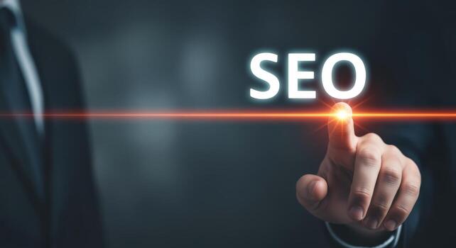 Digital Marketing Strategy Business Man Activating Search Engine Optimization with Futuristic Interface and Flare photo