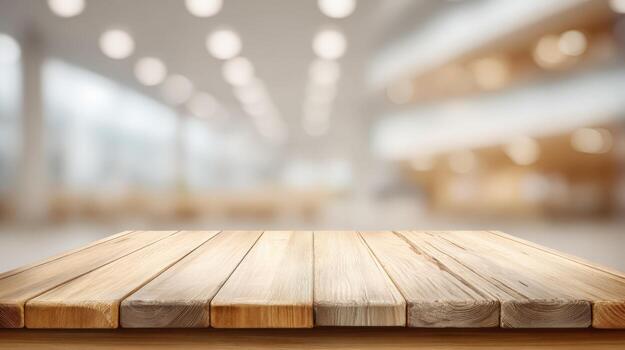 Wooden Table Surface with Modern Blurred Office Background for Product Display or Mockup photo