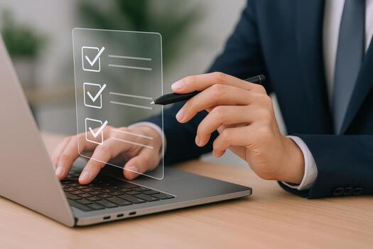 Businessman Completing Digital Checklist on Laptop, Modern Business Technology Concept with Efficiency and Organization photo