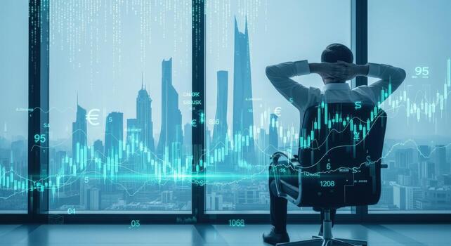 Successful Trader Contemplating Stock Market Growth with Financial Chart Overlay and Urban Cityscape Background photo