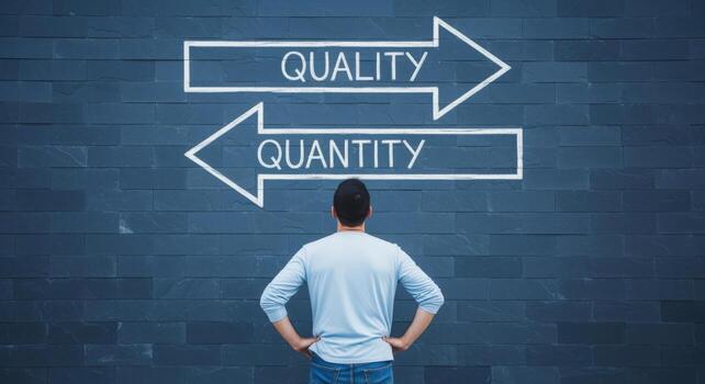 Quality Versus Quantity Choice Rear View of Man Deciding Between Two Options with Arrows photo