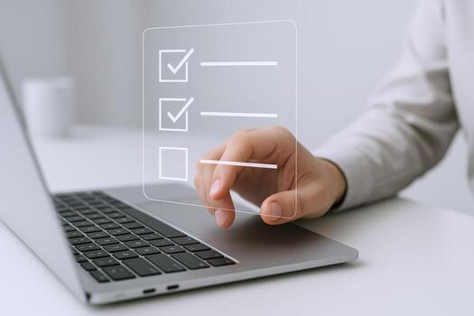 Online Survey Completion Man Ticking Boxes on Laptop Screen, Digital Checklist, Verification Process photo