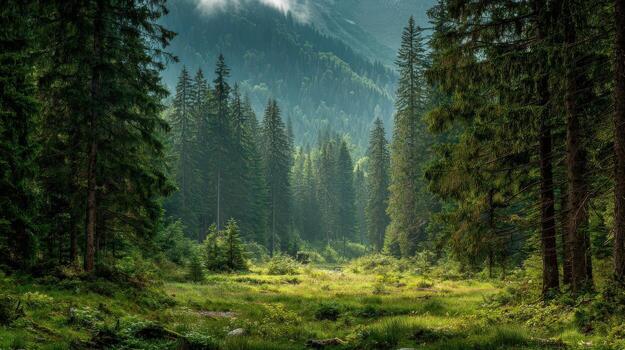 Lush Green Forest Scenery with Majestic Evergreen Trees and a Tranquil Mountain Backdrop photo