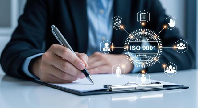 ISO 9001 Certification Concept Businesswoman reviewing quality management standards and documentation, compliance, and global regulations photo