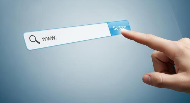 Online Search Bar Concept with Finger Pointing at Search Button for Internet Exploration and Information Seeking photo