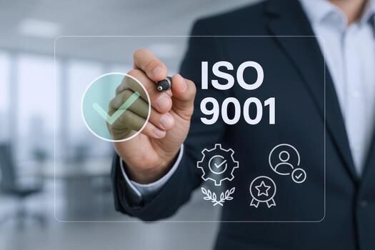 Businessman Demonstrating Quality Standards Using Stylus on Transparent Screen, Emphasizing Process Excellence and Compliance photo