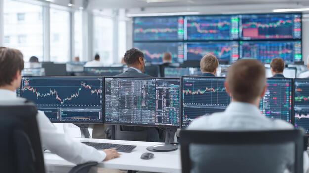 Financial Analysts Monitoring Stock Market Data on Multiple Computer Screens in a Modern Office photo