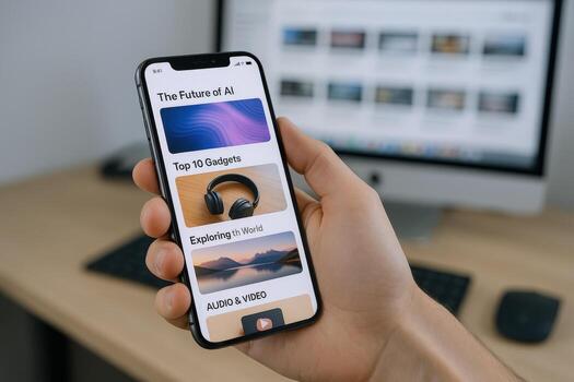 Mobile App Interface Design Displayed on Smartphone Held by Hand Over Desk photo