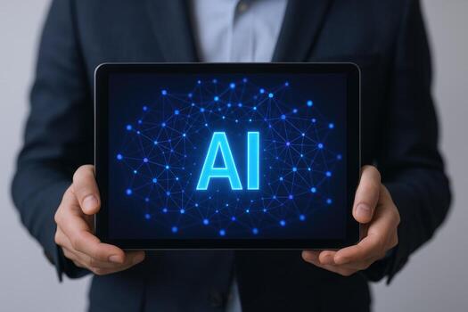 Digital Tablet Displaying AI Technology Held by Business Professional Promoting Innovation and Technological Advancement photo