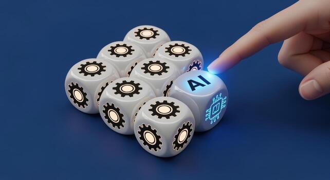 Artificial Intelligence Concept Finger Pointing at AI Cube Amongst Gear Cubes on Blue Background photo