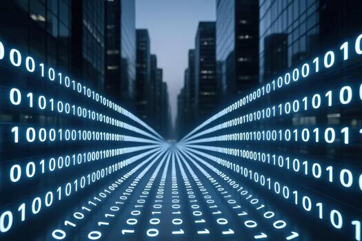 Digital Data Stream Flowing Through Cityscape, Representing Connectivity, Data Transfer, and Modern Technology photo