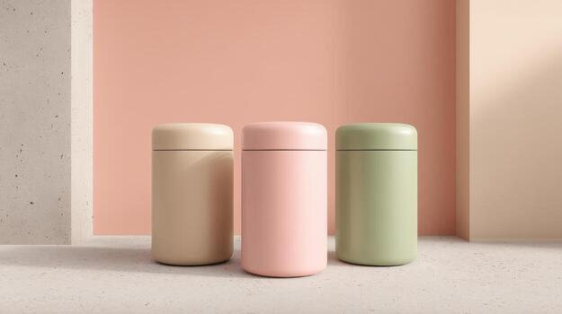 Stylish pastel containers showcasing minimalist design against a modern, textured backdrop for product presentations and lifestyle concepts photo