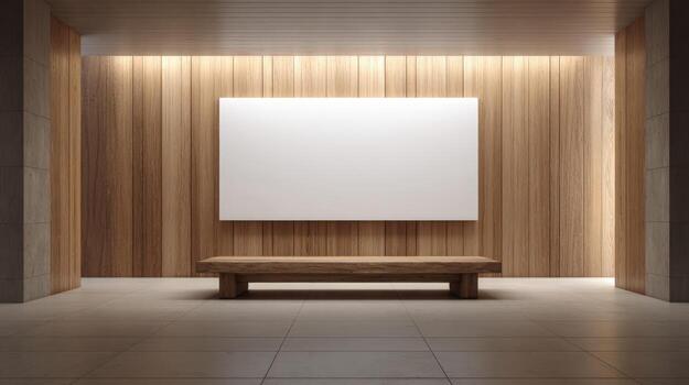 Gallery Interior Mockup with Blank Canvas and Wooden Bench for Art Display, Presentation Template photo