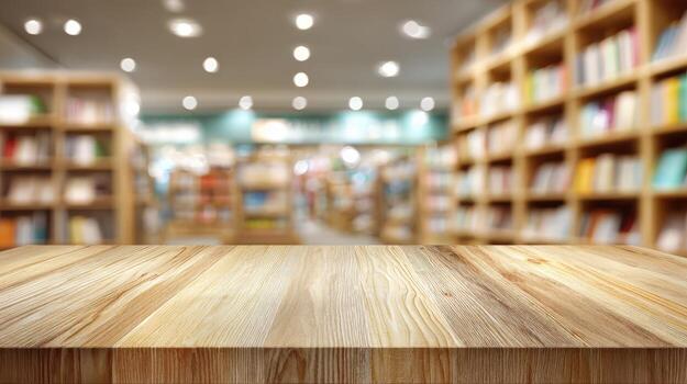 Wooden Table Surface with Blurred Bookstore Aisle Background for Product Mockups and Display photo