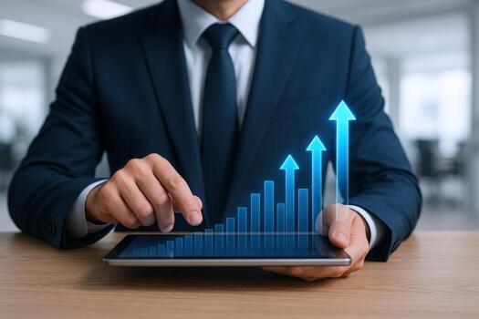 Businessman Analyzing Financial Growth Chart on Tablet Displaying Positive Business Development and Success photo