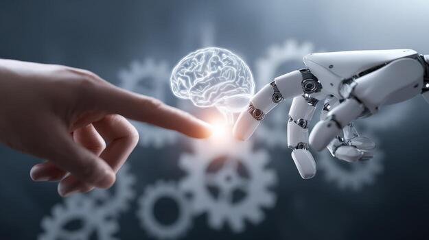 Human and Robot Hand Touching Overlapping Gears with Holographic Brain, Exploring Artificial Intelligence Future photo