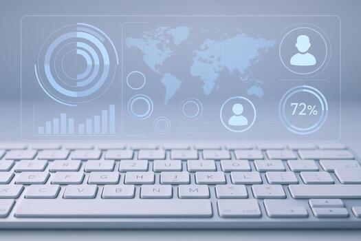 Futuristic Technology Interface Displayed Above Keyboard, Representing Data Visualization, Analytics, and Global Connectivity in Modern Business photo