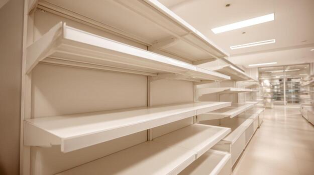 Empty Retail Shelves in Store Awaiting Restocking, Consumerism and Supply Chain Concept, Market Uncertainty photo