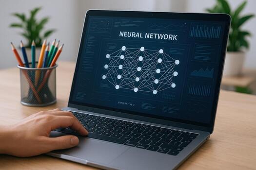 Neural Network Visualization on Laptop Screen Displaying AI Technology, Machine Learning Concepts and Data Analysis photo