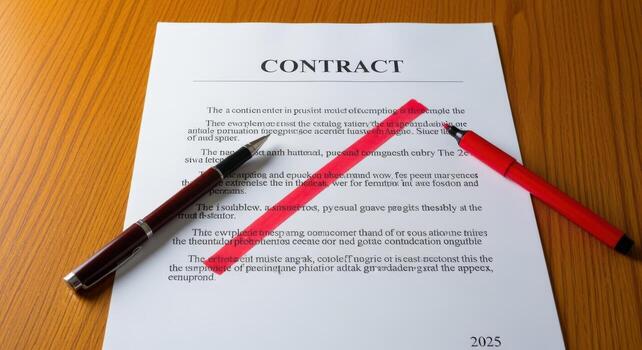 Terminated Contract Document with Red Pen and Brown Pen on a Wooden Desk Shows Agreement Cancellation photo