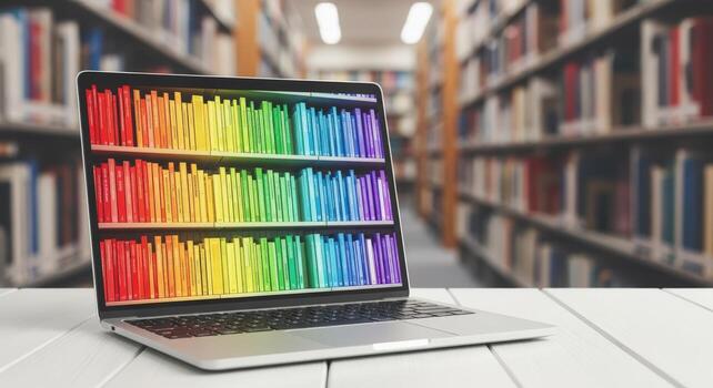Laptop Displaying Rainbow Colored Books in Library Setting, Depicting Knowledge, Learning, and Education photo