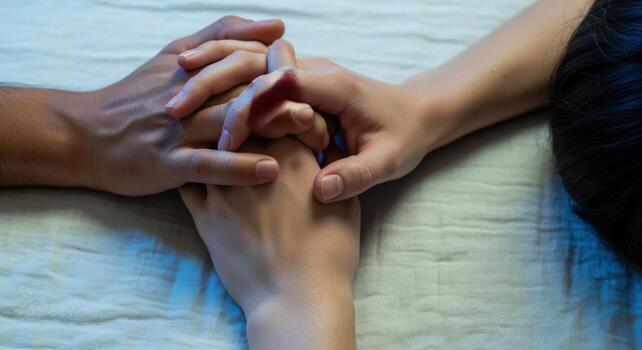 Close-Up of Two People Holding Hands Tenderly, Showing Connection, Support and Affection in a Loving Relationship photo