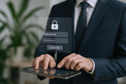 Secure Access Authentication Businessman using Digital Tablet with Login Interface for Enhanced Security photo