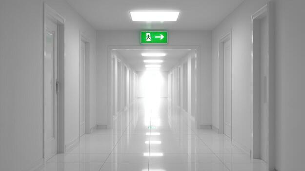 Brightly Lit Hallway with Exit Sign Illuminating the Path to Safety and Evacuation photo
