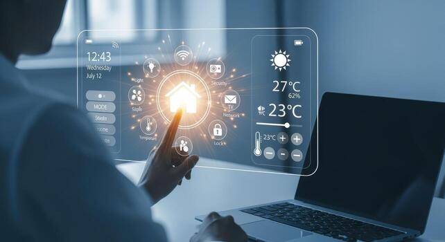 Smart Home Automation Man Interacting with Futuristic Interface to Control Home Systems via Laptop photo