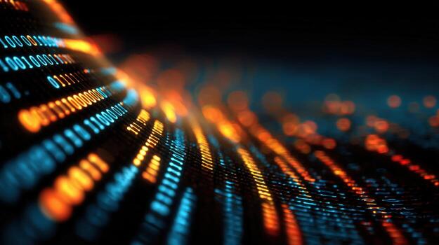 resumen digital binario código arroyo, datos transferir concepto, naranja y azul brillante números en oscuro antecedentes foto